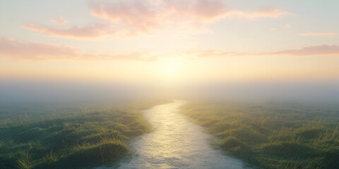 Misty River Path Through Tall Grass Landscape Background