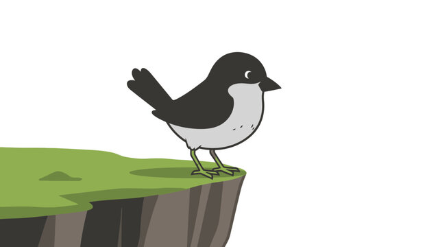 Cute cartoon bird on cliff edge, ready to fly, white background