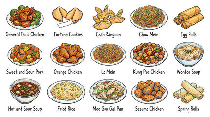 Colorful cartoon illustration of sixteen classic Chinese dishes arranged in a neat four‑by‑four grid, viewed from a front perspective for menu display in a clean white setting