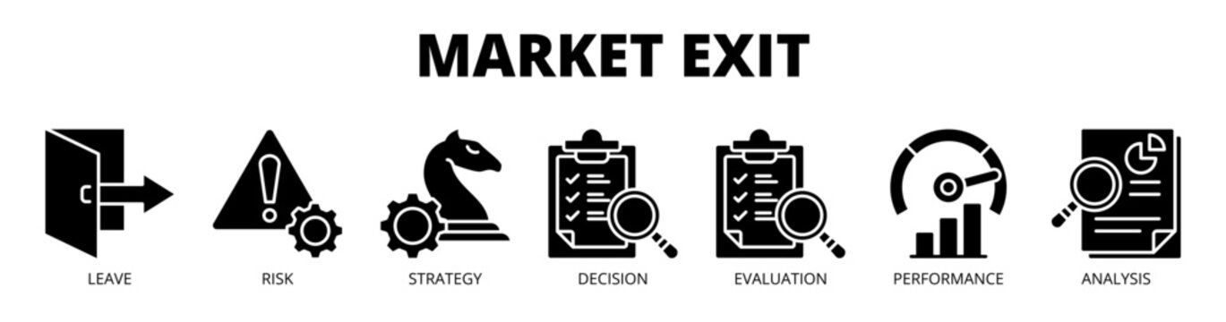 Market exit web banner icon vector illustration concept for strategic withdrawal with icon of leave, risk, strategy, decision, evaluation, performance, and analysis.