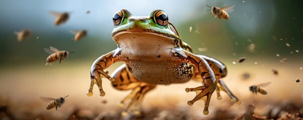 vibrant frog leaps amidst a flurry of bees, capturing a dynamic moment in nature, showcasing the interaction between amphibians and insects.