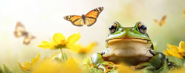 vibrant green frog sits among yellow flowers, with butterflies fluttering around, creating a serene and lively spring scene.