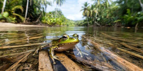 vibrant green frog sits on wooden debris near a tranquil river, surrounded by lush tropical vegetation and palm trees.
