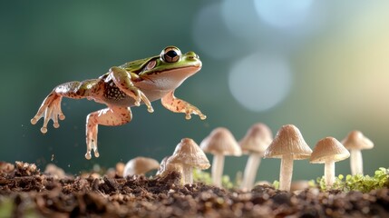  vibrant frog leaps over mushrooms in a lush environment, showcasing the beauty of nature and wildlife.