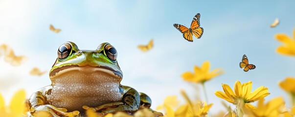 colorful frog sits among vibrant flowers, surrounded by butterflies under a bright blue sky, creating a serene and picturesque nature scene.