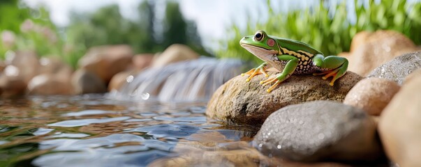 vibrant green frog sits on a rock near a gently flowing stream, surrounded by natural stones and lush greenery, showcasing a serene outdoor scene.