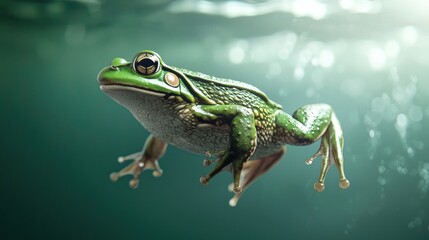 vibrant green frog swims gracefully underwater, showcasing its unique features and texture in a serene aquatic environment.