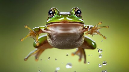  vibrant green frog leaps gracefully, surrounded by droplets of water, capturing a moment of dynamic motion in nature.