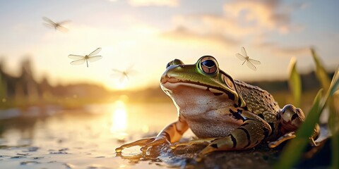  serene frog rests by the water at sunset, surrounded by dragonflies, capturing the essence of nature's beauty and tranquility.