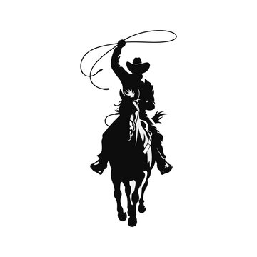 Vector silhouette illustration of a cowboy riding a horse and swinging a lasso rope, isolated on white background.