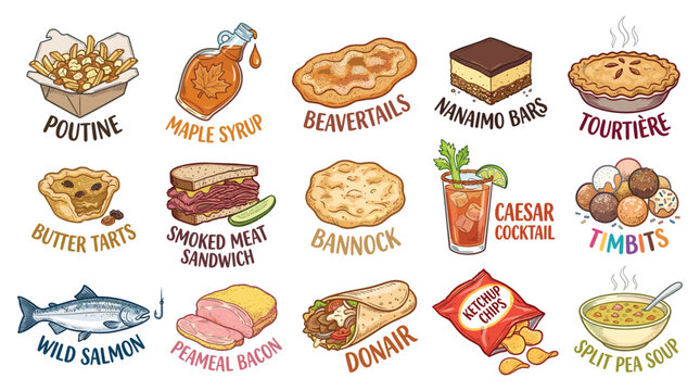 Playful hand-drawn cartoon food illustration showcase of Canadian cuisine icons arranged in a grid view with bright colors on a clean white background