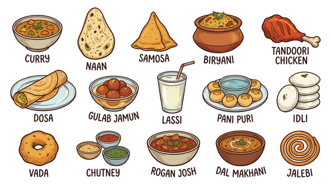 A vibrant cartoon illustration of Indian dishes, featuring sixteen classic cuisine items arranged in a grid on a soft yellow backdrop, seen from a top-down view
