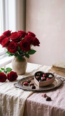 Romantic Valentine&rsquo;s Day still life featuring red roses and heart-shaped chocolates on a soft pastel background, perfect for love and celebration concepts.