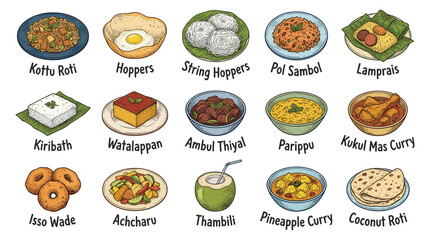 A Vibrant Cartoon Showcase of 16 Iconic Dishes Arranged in Four Rows on a Clean White Background from a Friendly Front‑View Perspective