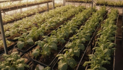 Rows of young plants in black trays within a greenhouse