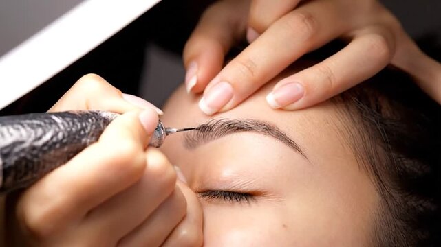 Close up of eyebrow microblading procedure