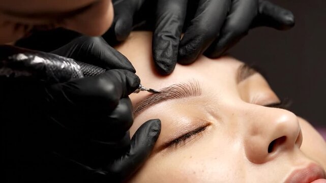Microblading procedure on woman's eyebrow