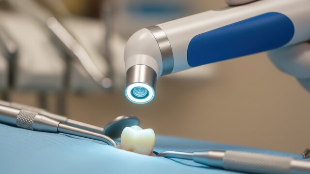 Dental Curing Light Illuminating Tooth, Close-up of Modern Dentistry Procedure with Instruments and Blue Background