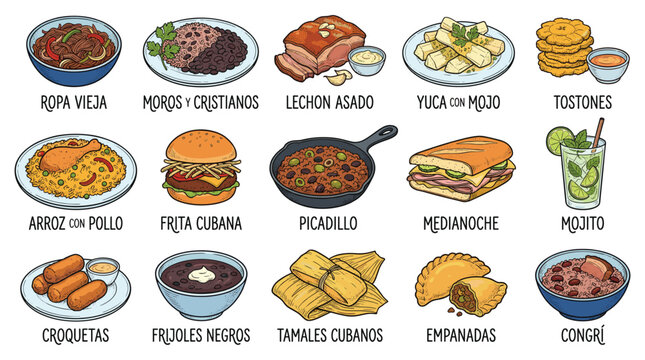 Exploring vibrant Cuban cuisine tradition through a 4x4 grid of traditional dishes, captured in a collage showcasing colorful plates on a clean white backdrop