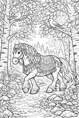 Fototapeta premium Enchanting coloring page of a small adorned pony trotting down a woodland trail framed by mushrooms, flowers, and watchful tree spirits, perfect for fantasy art lovers.