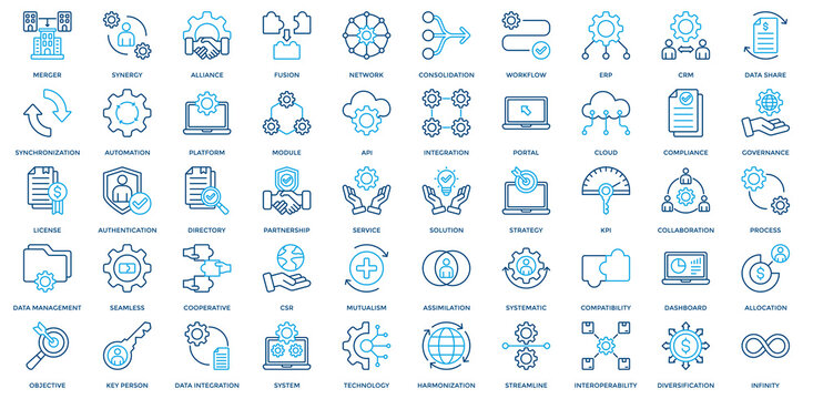 Business Integration icon set. Containing merger, synergy, alliance, network, workflow, ERP, CRM icon. Outline Color style