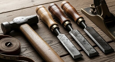Carpentry tools including hammer and chisels laid out on a wooden workbench with various hand tools for woodworking and construction projects