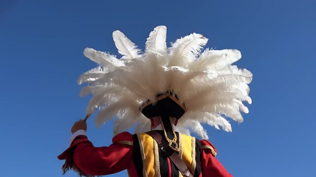 Binche Carnival Gille Ostrich Feather Hat Swaying Against Blue Sky