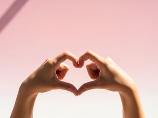 Fototapeta premium Hands forming a heart shape on a pink and white gradient background with love and care