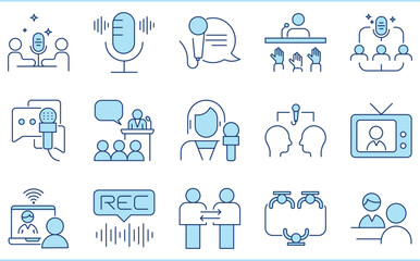 A set of flat icons related to interview. Talk, chat, business, hire, study, online, podcast, news, face to face, and so on.