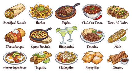 Vibrant cartoon illustration of sixteen traditional Mexican dishes arranged in colorful rows, serving as a lively promotional graphic for a restaurant, viewed straight on