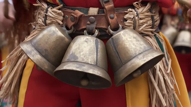 Binche Carnival Gille Bells Apertes Extreme Close Up on Leather Belt