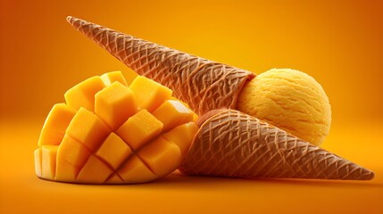 mango ice cream cone with diced mango fruit delicious dessert