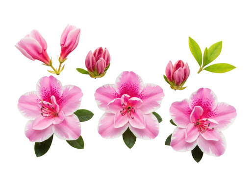 Three vibrant pink azalea flowers and buds flat lay, ultra-detailed petals and green leaves against a transparent background with copy space, concept of spring bloom and delicate beauty