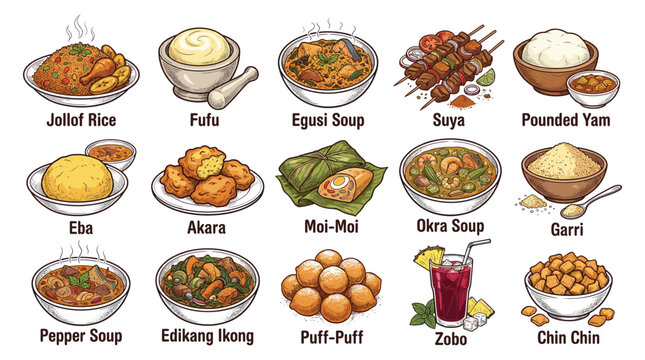 top-down view of a vibrant grid of traditional dishes from Nigeria displayed in a clean white backdrop &ndash; a photographic showcase of 16 iconic foods