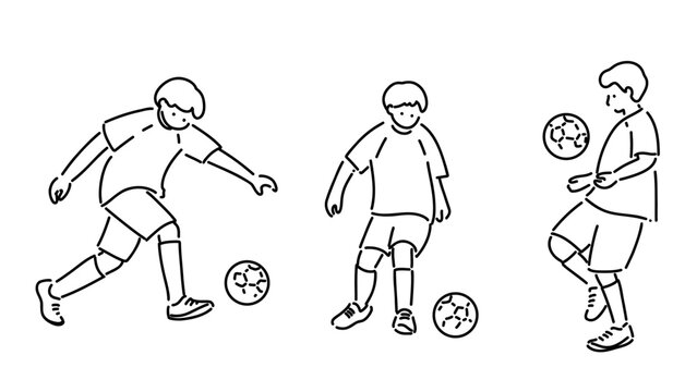 ラフな手描きのイラスト　サッカー３ポーズ
