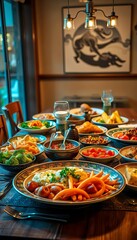 Fototapeta premium Warm dinner table with diverse dishes, soft lighting, inviting atmosphere, togetherness, gathering