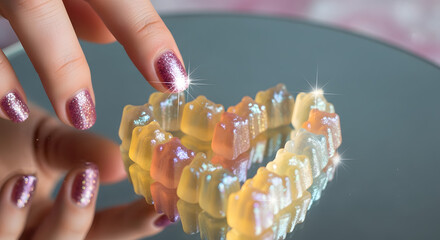 Close up of a person s hand with sparkling nails touching a translucent gummy bear bracelet displayed on a reflective surface highlighting the candy