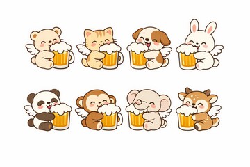 Fototapeta premium Cute angel animals cuddle tall glasses of foamy beer in a playful cartoon style, ideal for fun bar branding, Oktoberfest merchandise and lighthearted social posts.