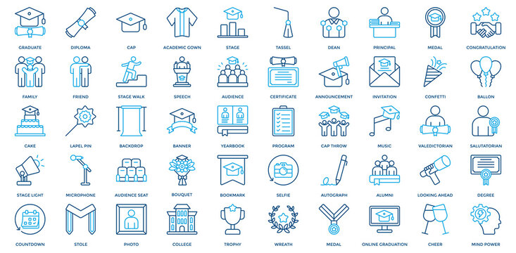Graduation Day Icon Set. Containing Graduate, Diploma, Cap, Academic Gown, Stage, Tassel, Dean, Principal, Medal, Congratulation Icon. Outline Color Style