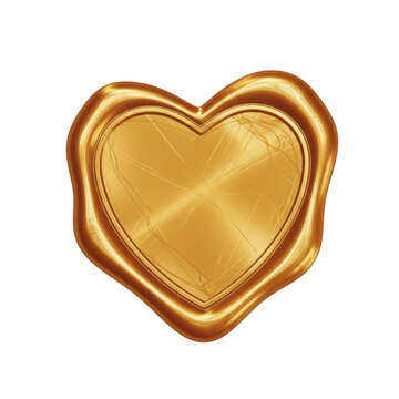 Golden heart wax seal isolated on transparent background