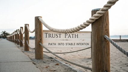 Obraz premium Trust Path Sign on Coastal Boardwalk Inviting Calm Walks and Mindful Reflections Along the Shoreline of a Quiet Beach