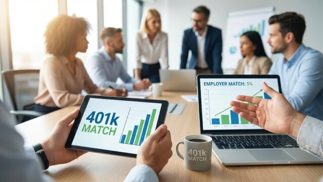 Business Team Analyzing 401k Match Data and Financial Growth Strategies in a Modern Office Setting