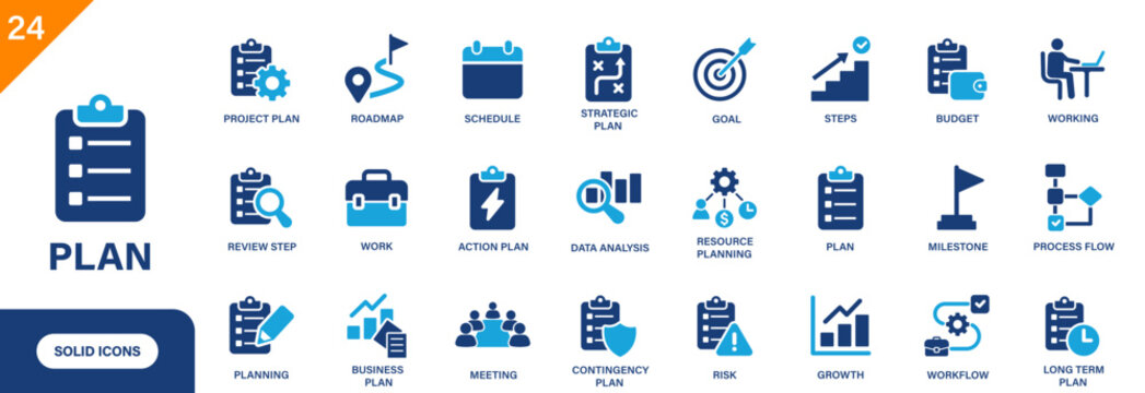 Plan icon. Includes strategic plan, milestone, review step, project, meeting. Solid vector icons collection.vv