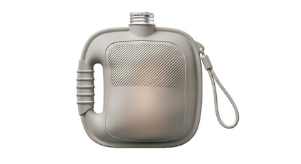 A silver metal flask with a chain and embossed design on the front isolated on transparent background