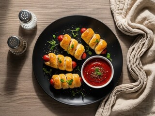 Delicious mini pizza wrapped hot dogs on a plate with dipping sauce