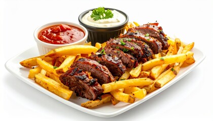 Grilled meat platter with ribs fries and salad garnish