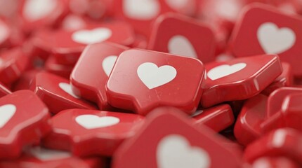 A close-up, high-angle shot of a large pile of red heart-shaped like icons, symbolizing social media engagement and approval.