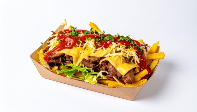 Tray of french fries topped with meat cheese and salad
