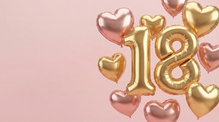 Golden and rose gold heart-shaped balloons float around large gold number balloons forming '18' against a soft pink background, celebrating a milestone birthday.