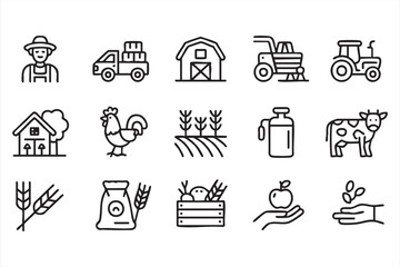 Fototapeta premium Agriculture Line Icons for Farming, Livestock, and Food Production